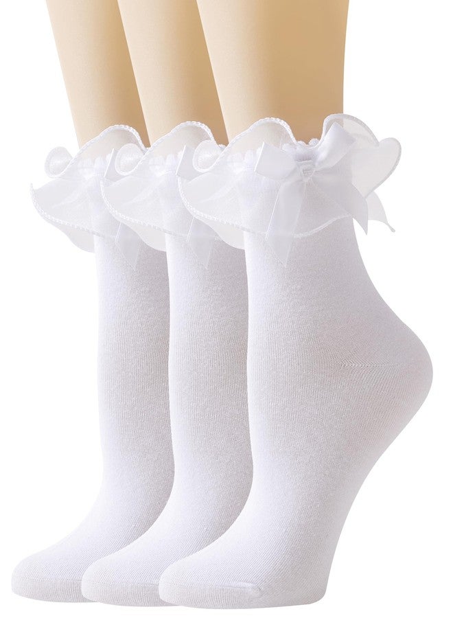 AMHRLINGTO Women Lace Socks Ruffle Frilly Socks - Comfortable Cotton Cute Princess Lolita socks with Bow (Cotton, White-3 Pairs) - Image 1